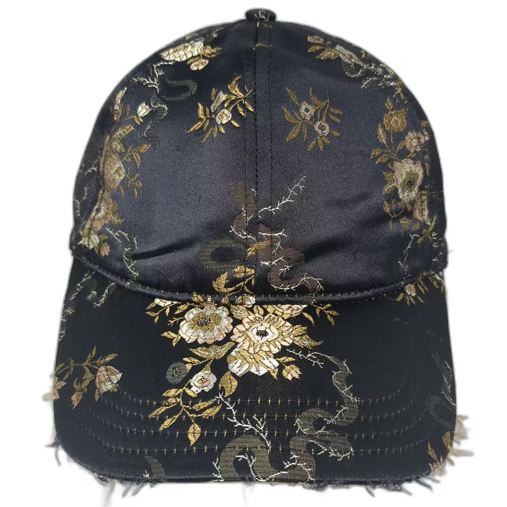 Time and Tru Baseball Cap Hat Black Gold Floral Brocade Distressed OS Strapback